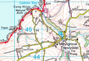 Map for our walk from Moylgrove to Ceibwr Bay round to the Witches Cauldron.
